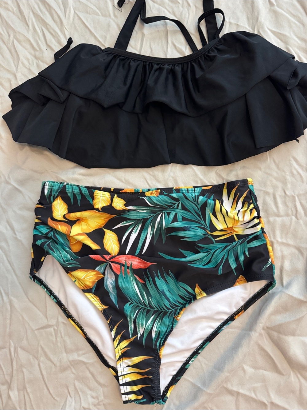 Womens Black Ruffle Bikini Top with Tropical High-Waist Bottom